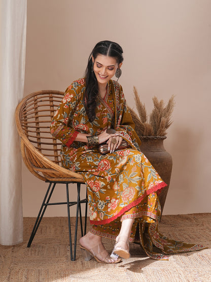 Ethnic Floral Printed & Embroidered Anarkali Flared Kurta with Pant & Dupatta - Mustard