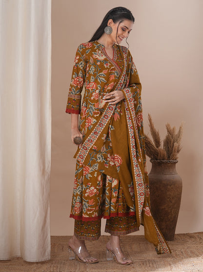 Ethnic Floral Printed & Embroidered Anarkali Flared Kurta with Pant & Dupatta - Mustard