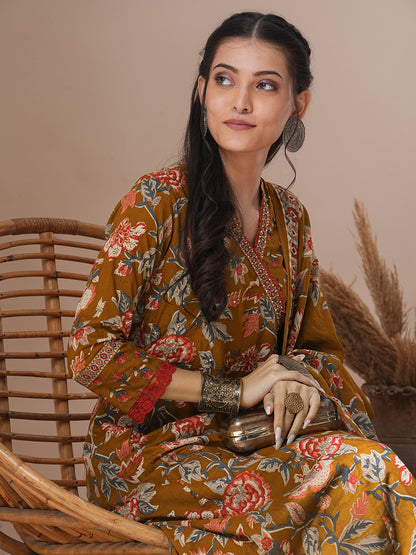 Ethnic Floral Printed & Embroidered Anarkali Flared Kurta with Pant & Dupatta - Mustard