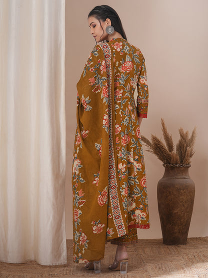 Ethnic Floral Printed & Embroidered Anarkali Flared Kurta with Pant & Dupatta - Mustard