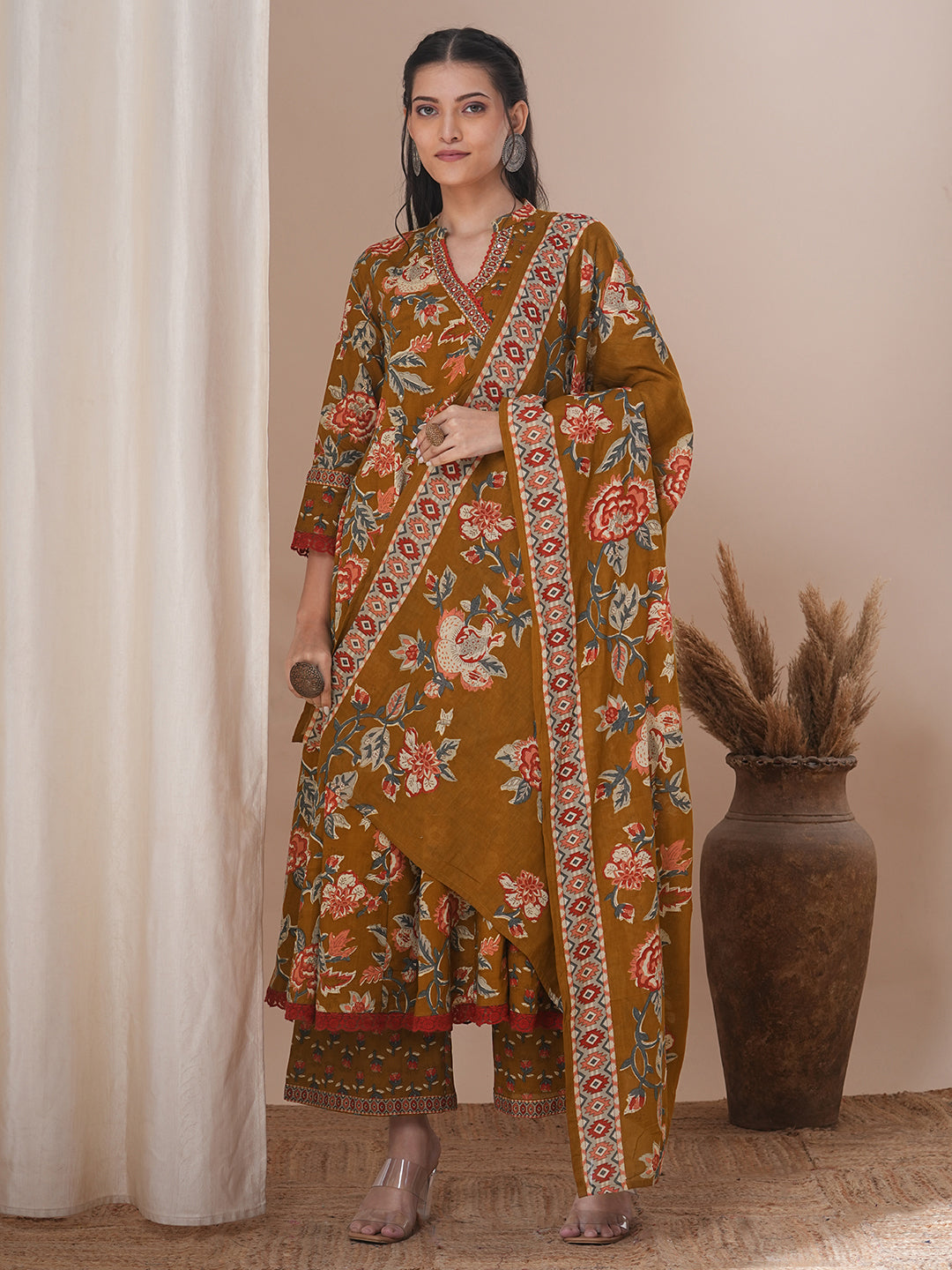 Ethnic Floral Printed & Embroidered Anarkali Flared Kurta with Pant & Dupatta - Mustard