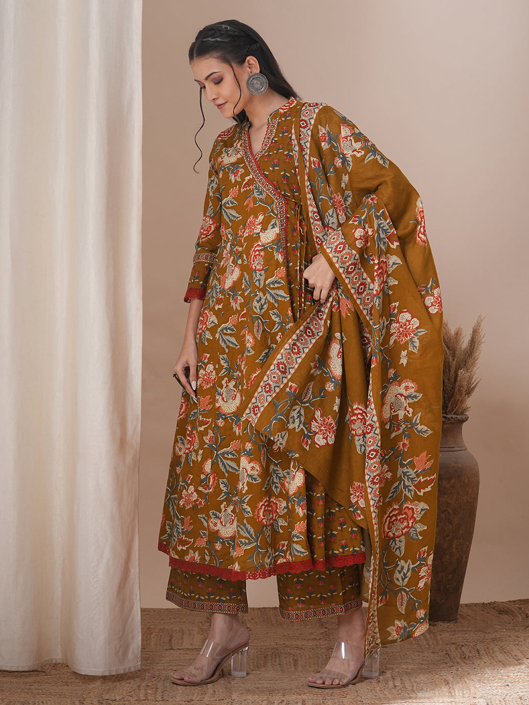 Ethnic Floral Printed & Embroidered Anarkali Flared Kurta with Pant & Dupatta - Mustard