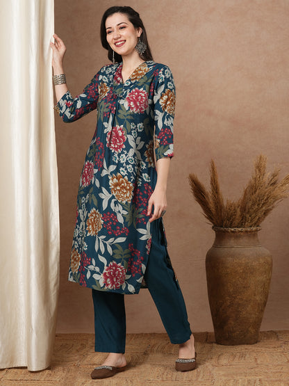 Abstract Floral Printed A-Line Kurta with Pant - Teal