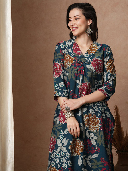 Abstract Floral Printed A-Line Kurta with Pant - Teal