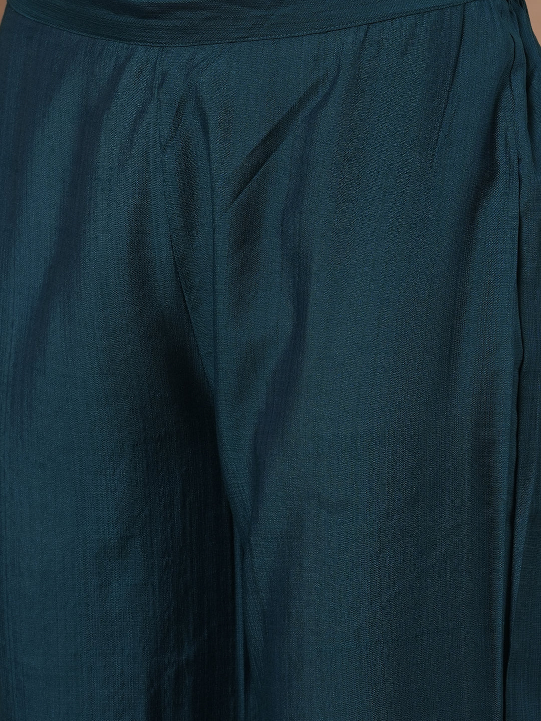 Abstract Floral Printed A-Line Kurta with Pant - Teal