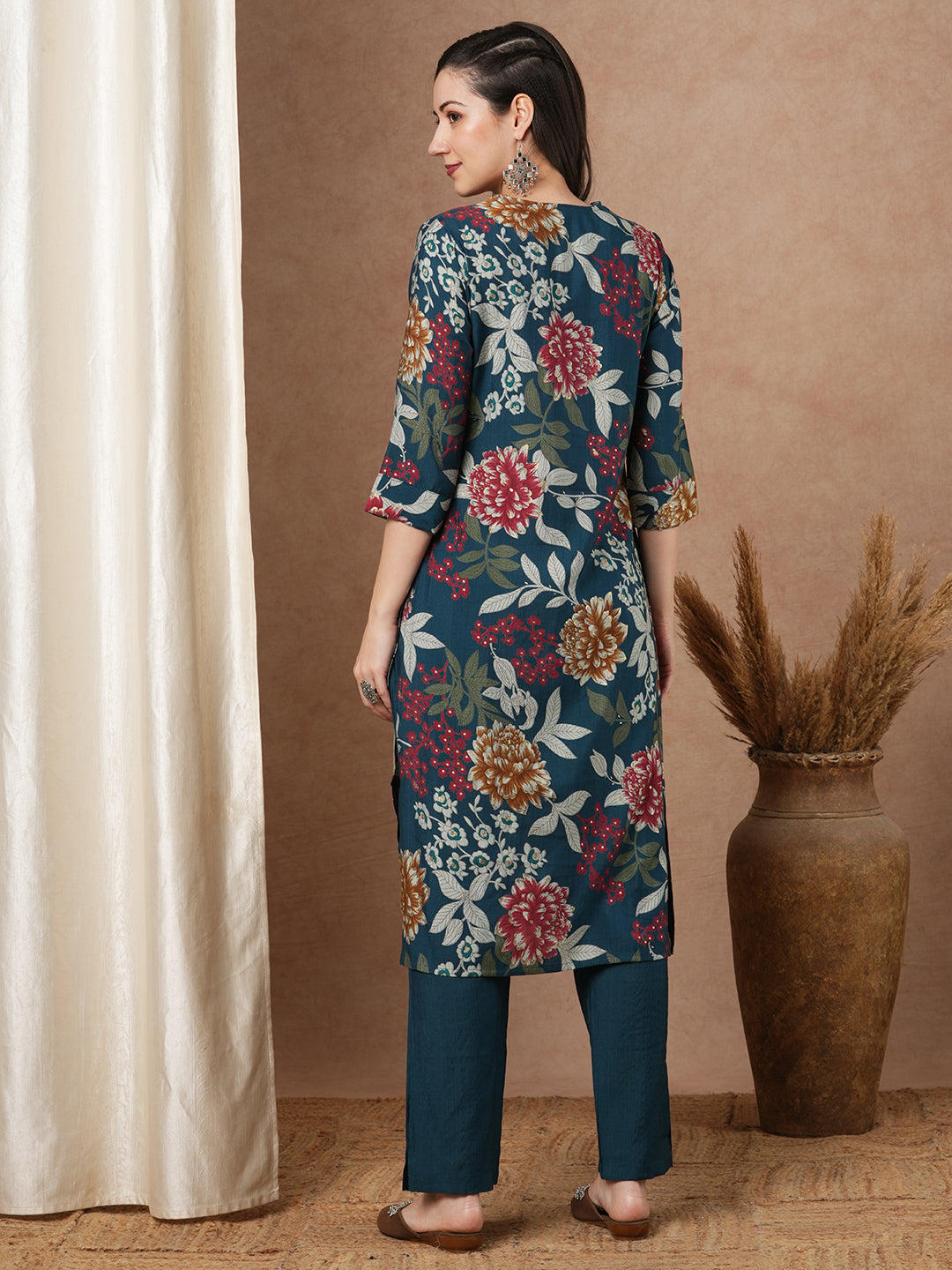 Abstract Floral Printed A-Line Kurta with Pant - Teal