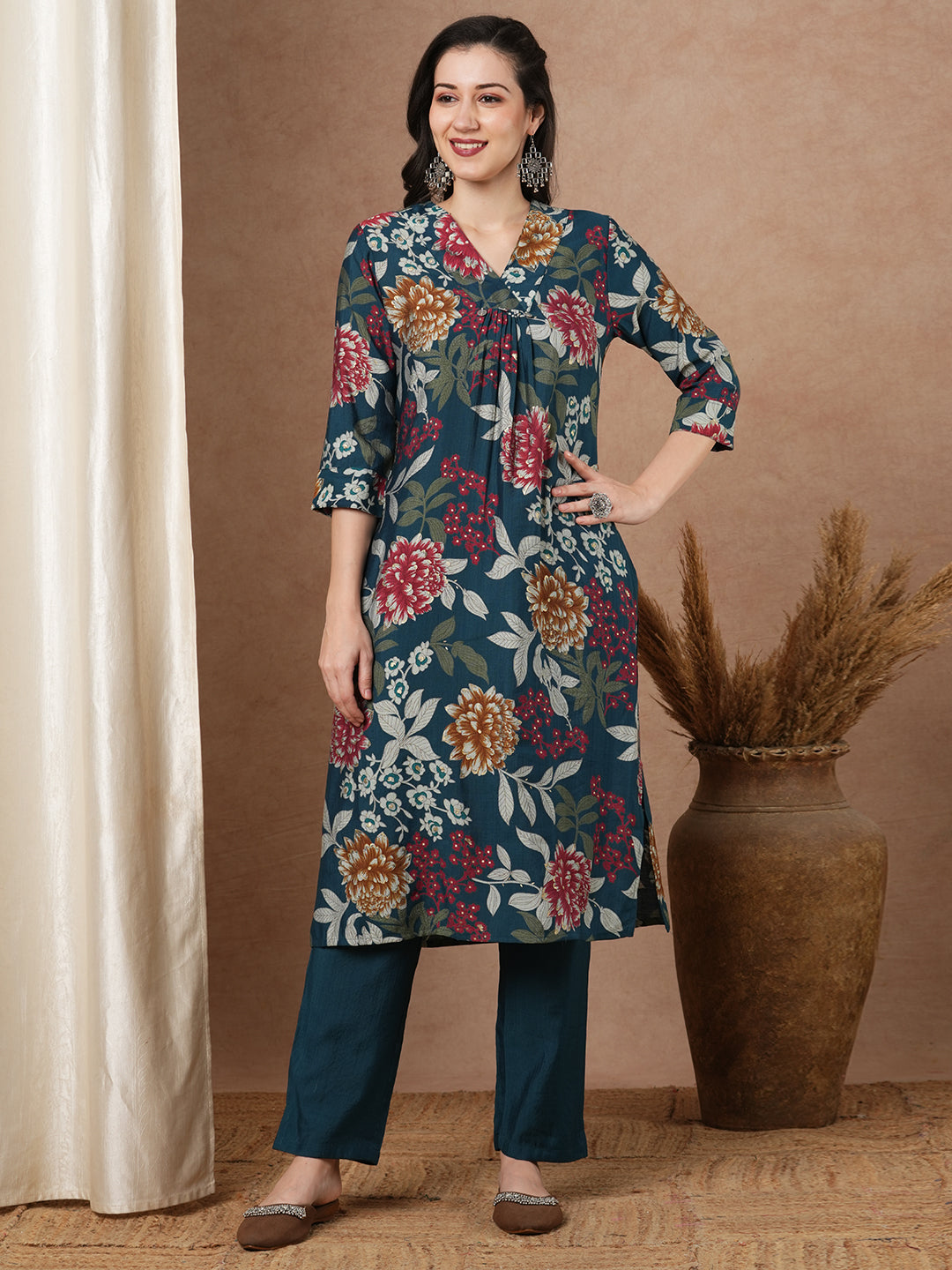 Abstract Floral Printed A-Line Kurta with Pant - Teal