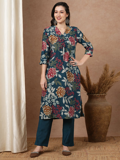 Abstract Floral Printed A-Line Kurta with Pant - Teal