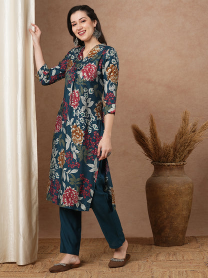Abstract Floral Printed A-Line Kurta with Pant - Teal