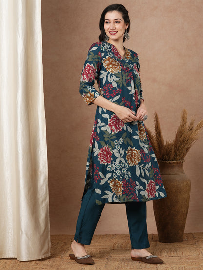 Abstract Floral Printed A-Line Kurta with Pant - Teal