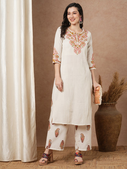 Solid Floral Embroidered Straight Fit Kurta with Palazzo - Off White