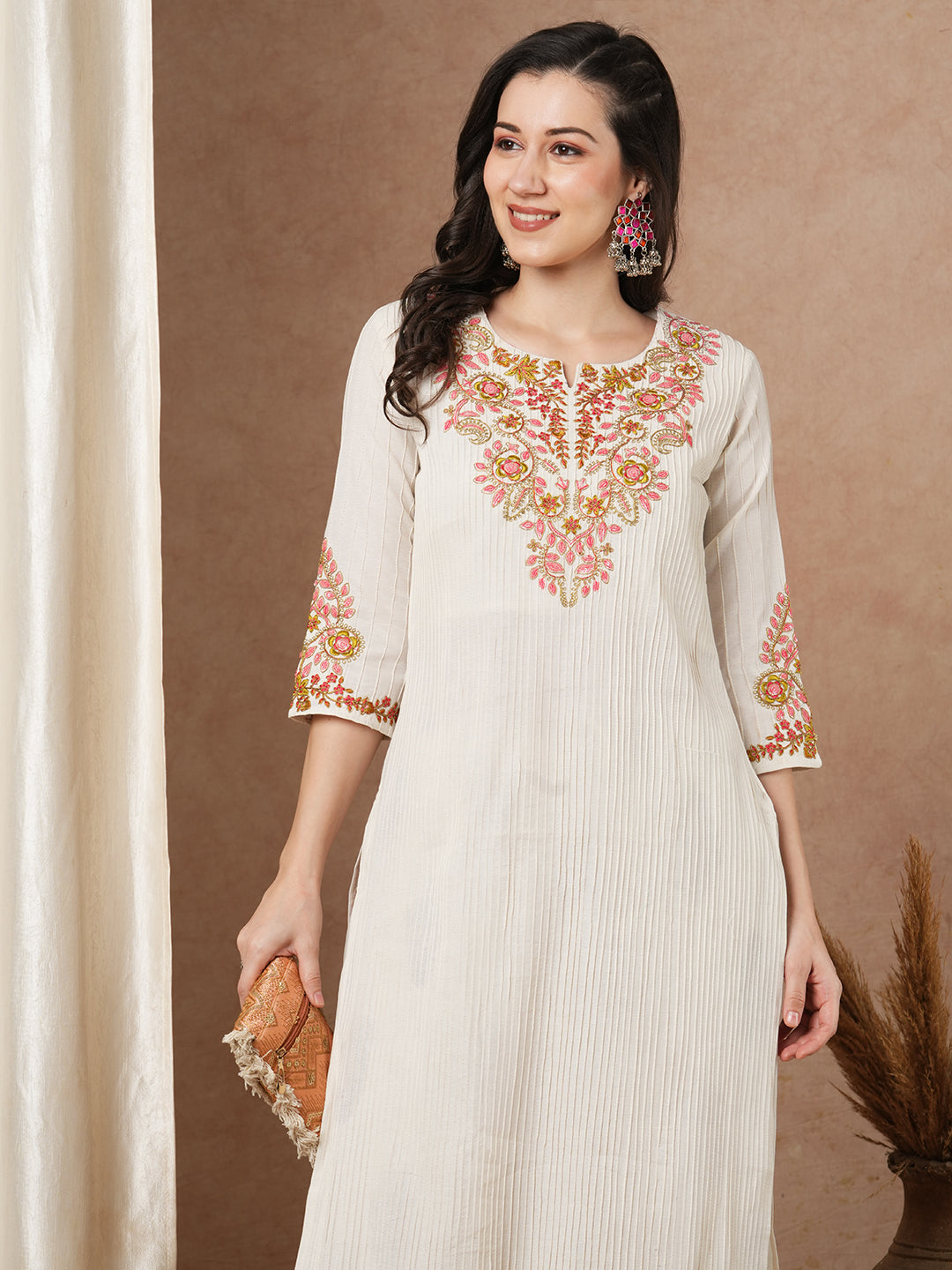 Solid Floral Embroidered Straight Fit Kurta with Palazzo - Off White