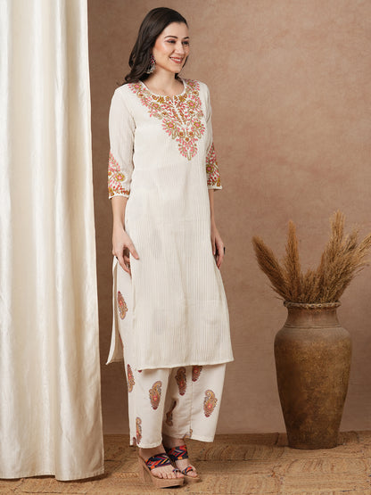 Solid Floral Embroidered Straight Fit Kurta with Palazzo - Off White