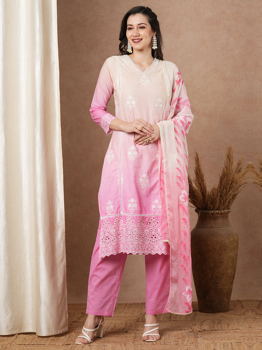 Ombre Dyed & Floral Embroidered Straight Fit Kurta with Pant & Hand Painted Dupatta - Pink