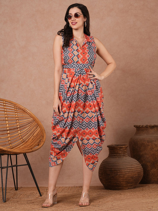 Geometric Printed Cowl & Pleated Maxi Dress with Belt - Multi