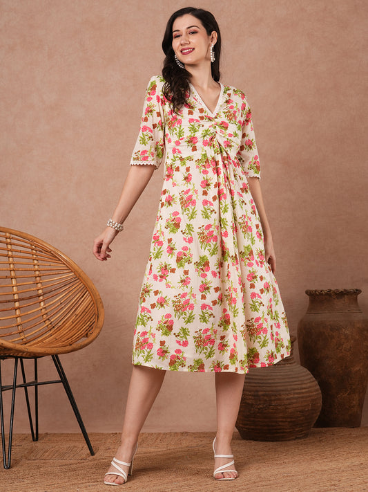 Ethnic Floral Printed A-Line Pleated Midi Dress - Cream