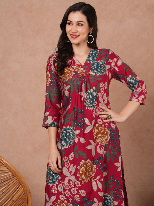Abstract Floral Printed Straight Fit Kurta - Red
