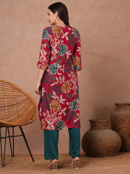 Abstract Floral Printed Straight Fit Kurta - Red