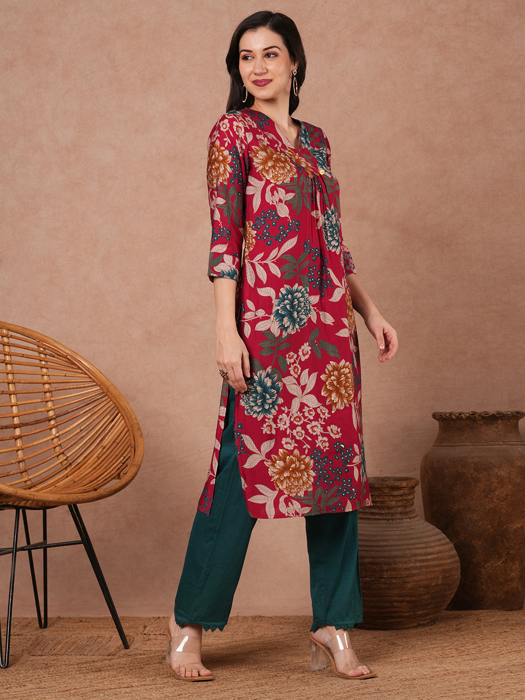 Abstract Floral Printed Straight Fit Kurta - Red
