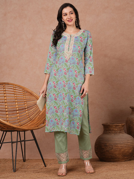 Ethnic Floral Printed Embroidered Straight Fit Kurta - Mint Green