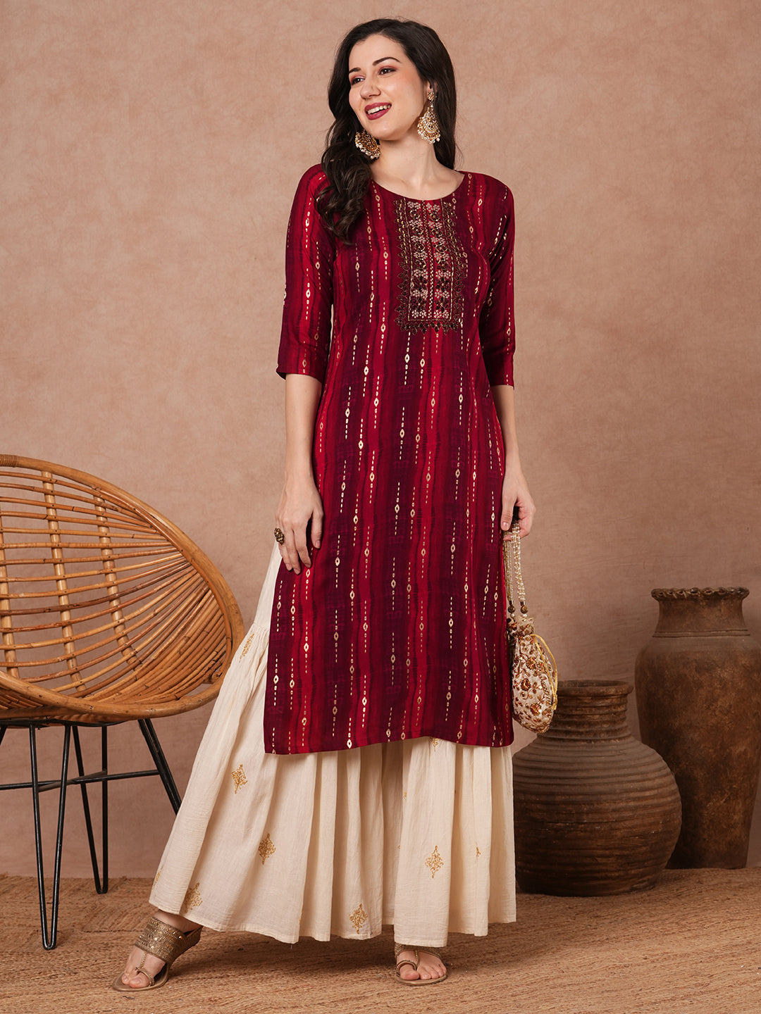 Ethnic Foil Printed & Mirror Embroidered Straight Fit Kurta - Red