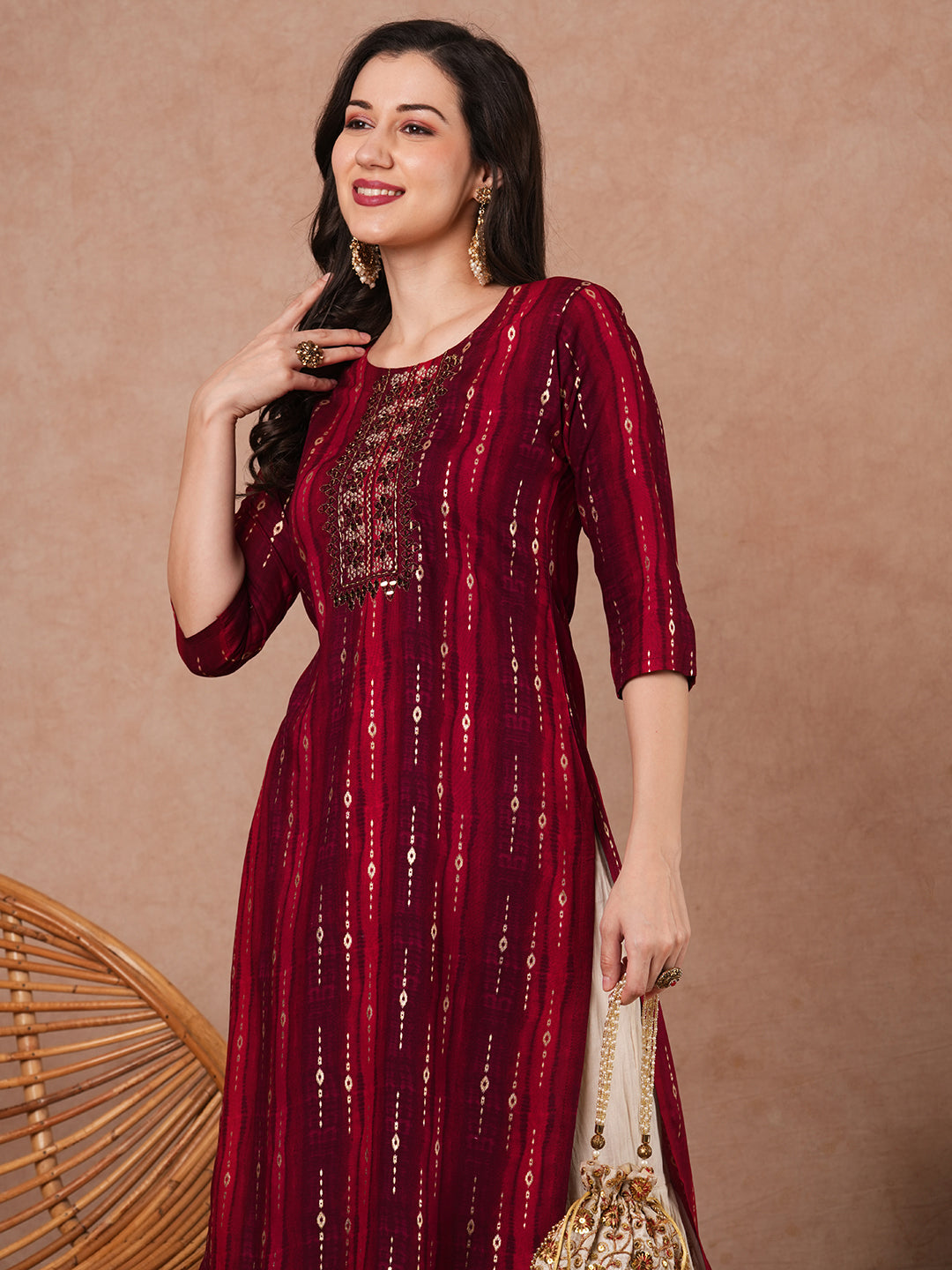 Ethnic Foil Printed & Mirror Embroidered Straight Fit Kurta - Red