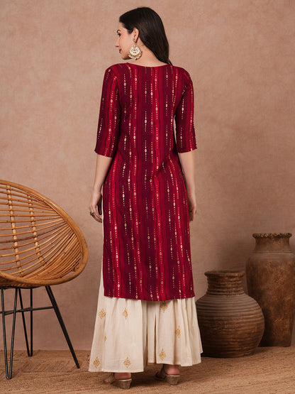 Ethnic Foil Printed & Mirror Embroidered Straight Fit Kurta - Red