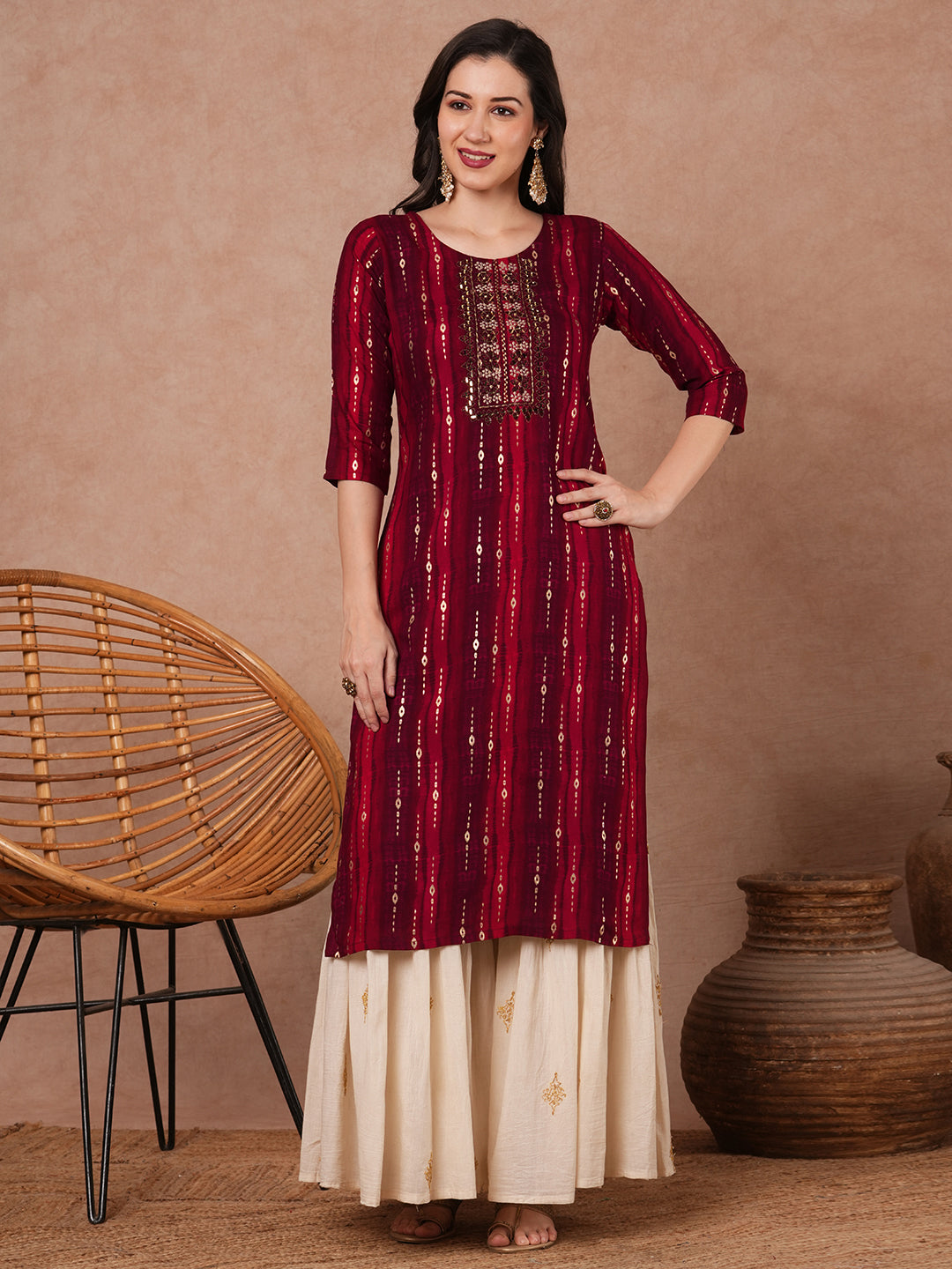 Ethnic Foil Printed & Mirror Embroidered Straight Fit Kurta - Red