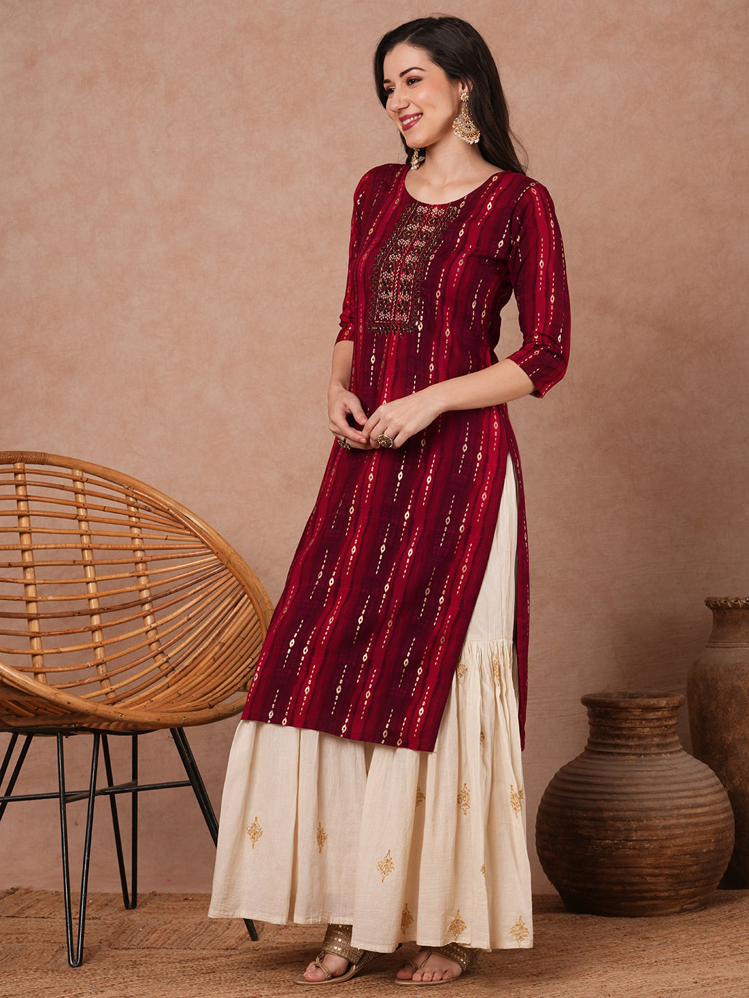 Ethnic Foil Printed & Mirror Embroidered Straight Fit Kurta - Red