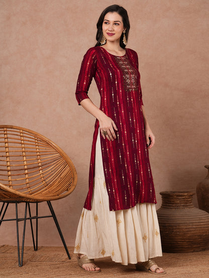 Ethnic Foil Printed & Mirror Embroidered Straight Fit Kurta - Red