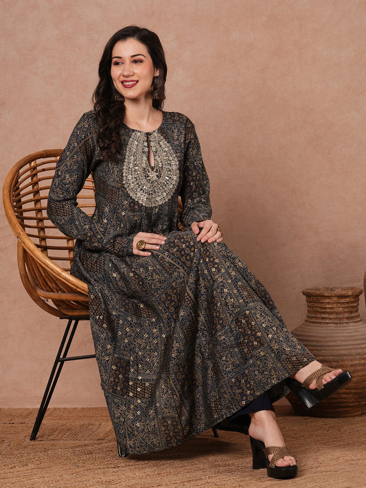 Ethnic Floral Foil Printed & Embroidered Anarkali Kurta with Pant - Blue