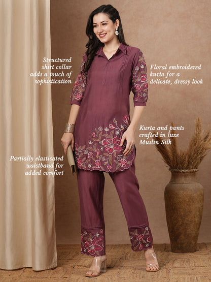 Solid Floral Embroidered Straight Fit Co-ord Set - Mauve