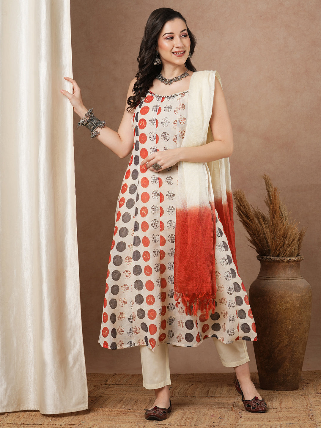 Polka Dot Printed Anarkali Flared Kurta with Pant & Ombre Dupatta - Cream