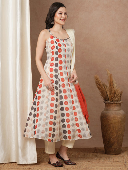 Polka Dot Printed Anarkali Flared Kurta with Pant & Ombre Dupatta - Cream