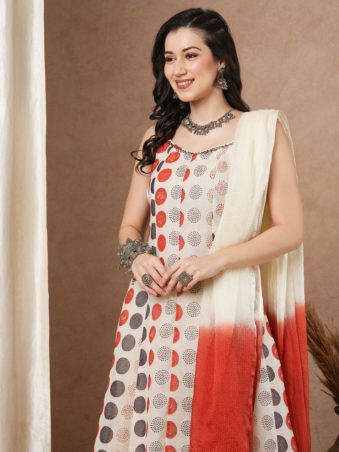 Polka Dot Printed Anarkali Flared Kurta with Pant & Ombre Dupatta - Cream