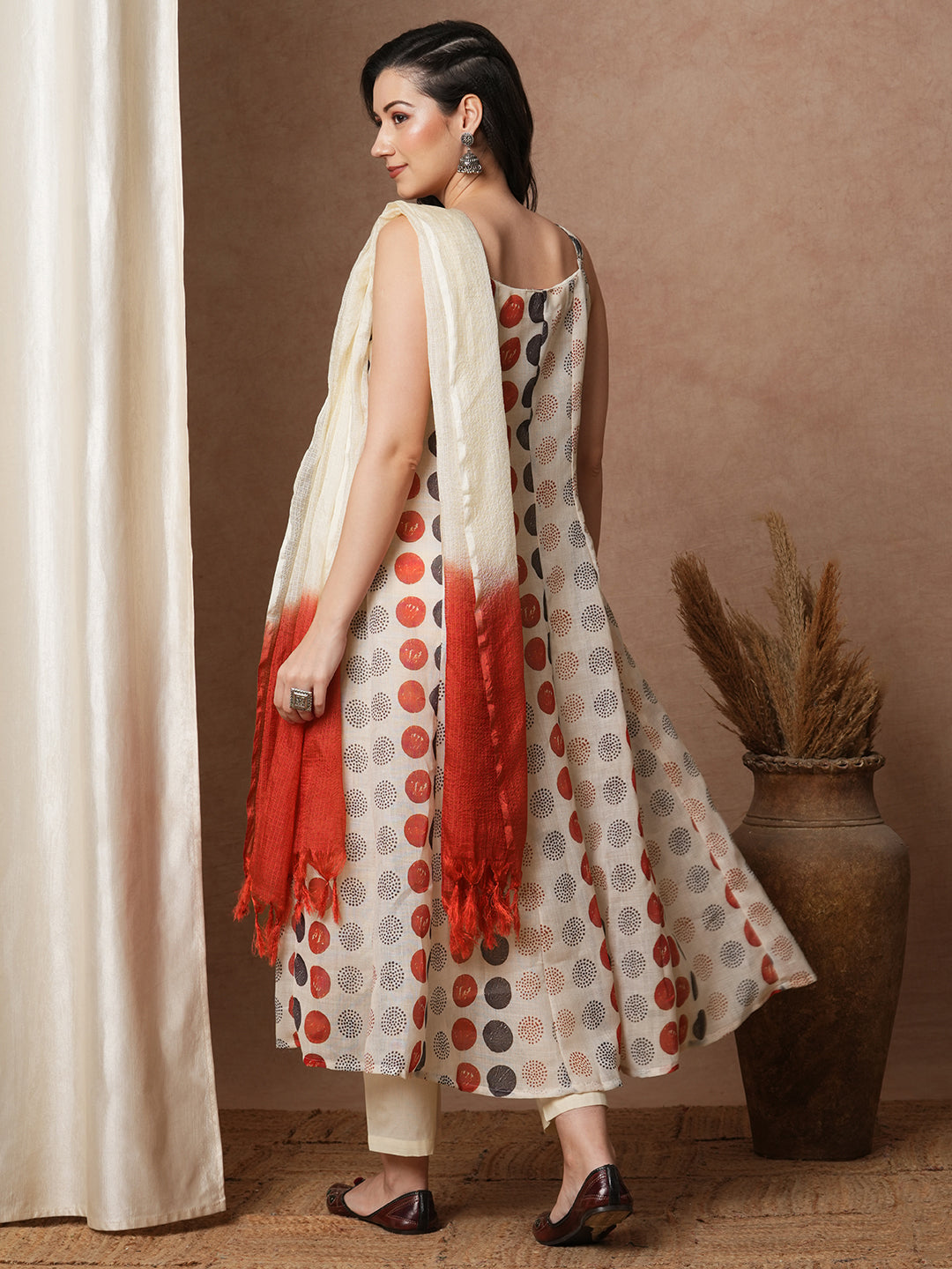 Polka Dot Printed Anarkali Flared Kurta with Pant & Ombre Dupatta - Cream