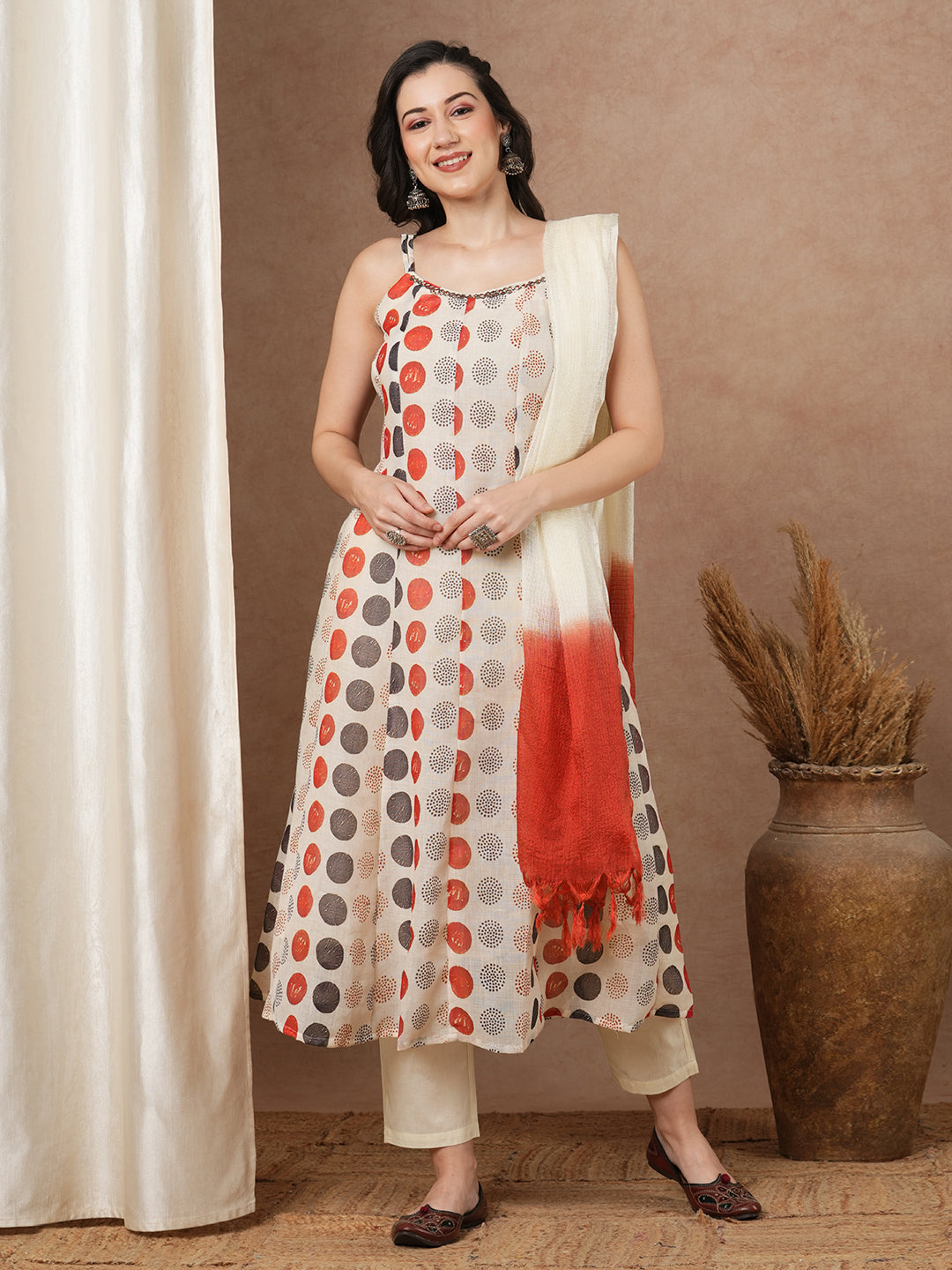 Polka Dot Printed Anarkali Flared Kurta with Pant & Ombre Dupatta - Cream