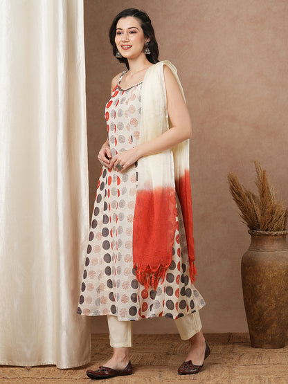 Polka Dot Printed Anarkali Flared Kurta with Pant & Ombre Dupatta - Cream