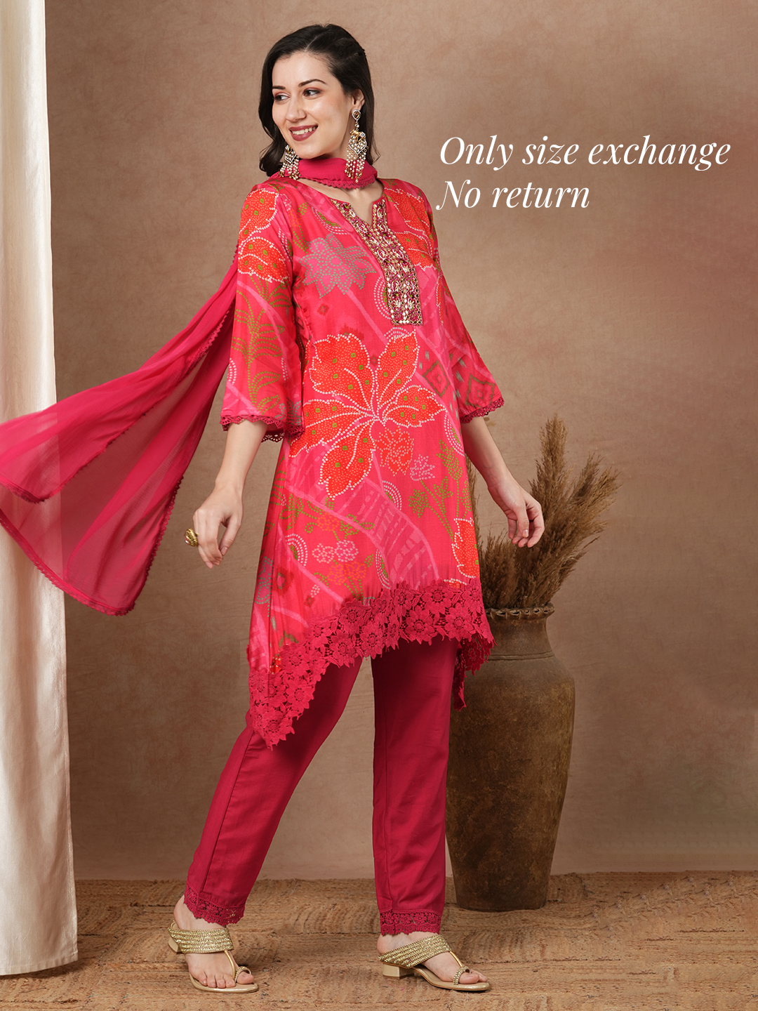 Abstract Floral Printed A-Line Kurta with Pant and Dupatta - Pink