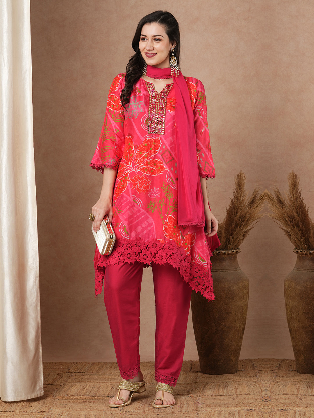 Abstract Floral Printed A-Line Kurta with Pant and Dupatta - Pink