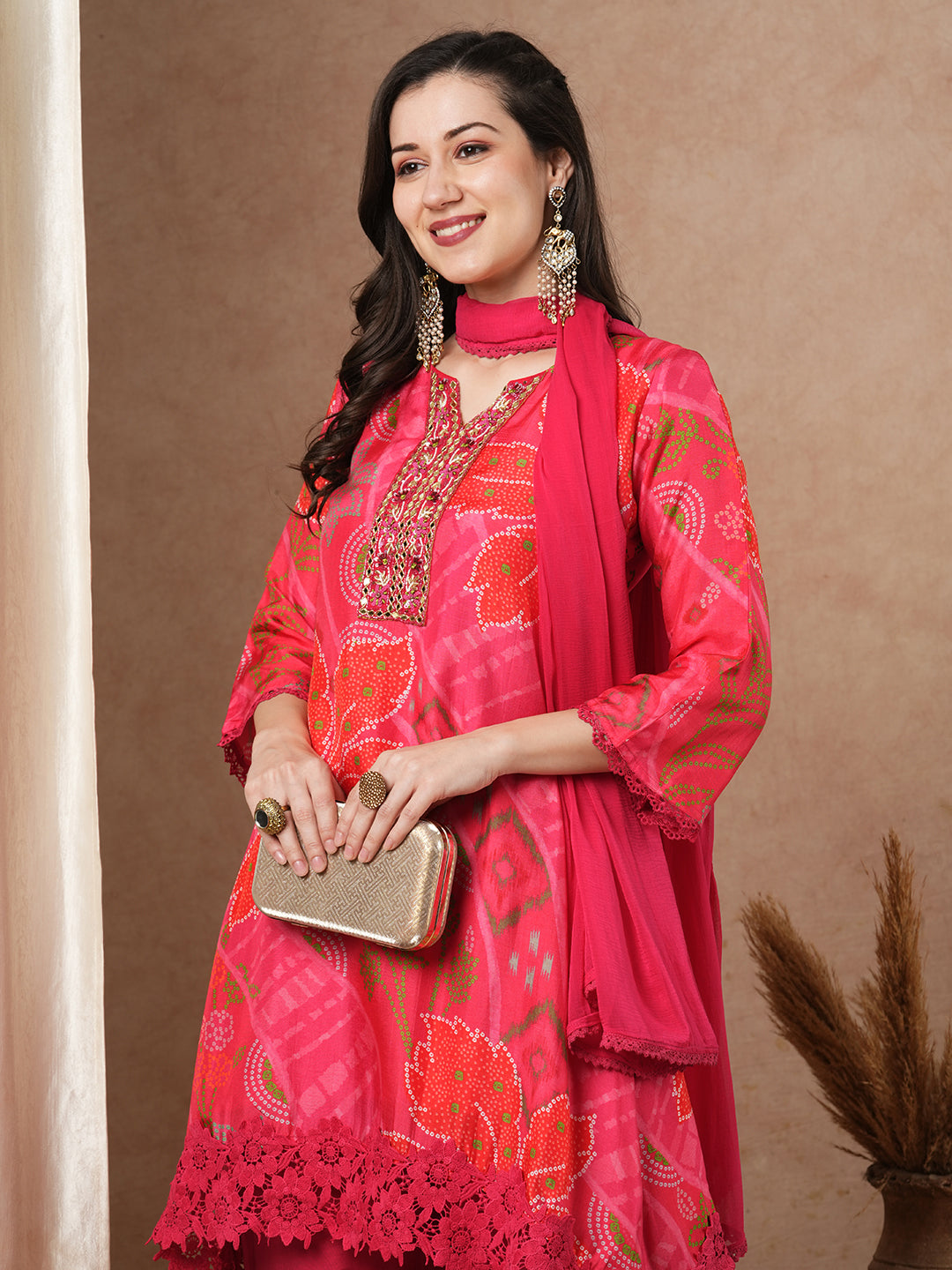 Abstract Floral Printed A-Line Kurta with Pant and Dupatta - Pink