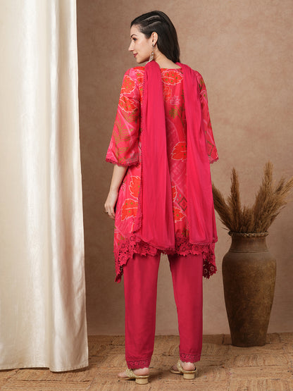 Abstract Floral Printed A-Line Kurta with Pant and Dupatta - Pink