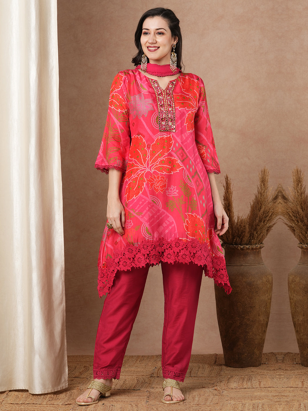 Abstract Floral Printed A-Line Kurta with Pant and Dupatta - Pink