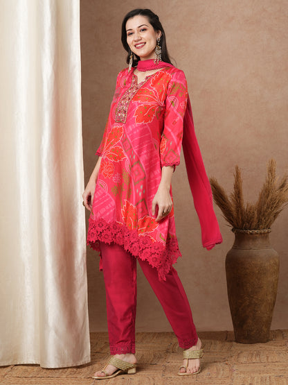 Abstract Floral Printed A-Line Kurta with Pant and Dupatta - Pink