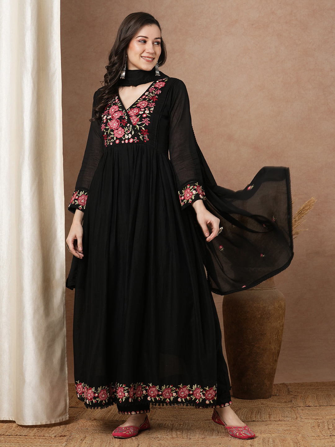 Solid Floral Embroidered A-Line Pleated Kurta with Pant & Dupatta - Black