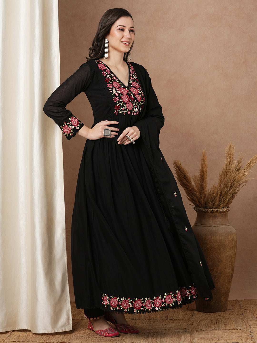 Solid Floral Embroidered A-Line Pleated Kurta with Pant & Dupatta - Black