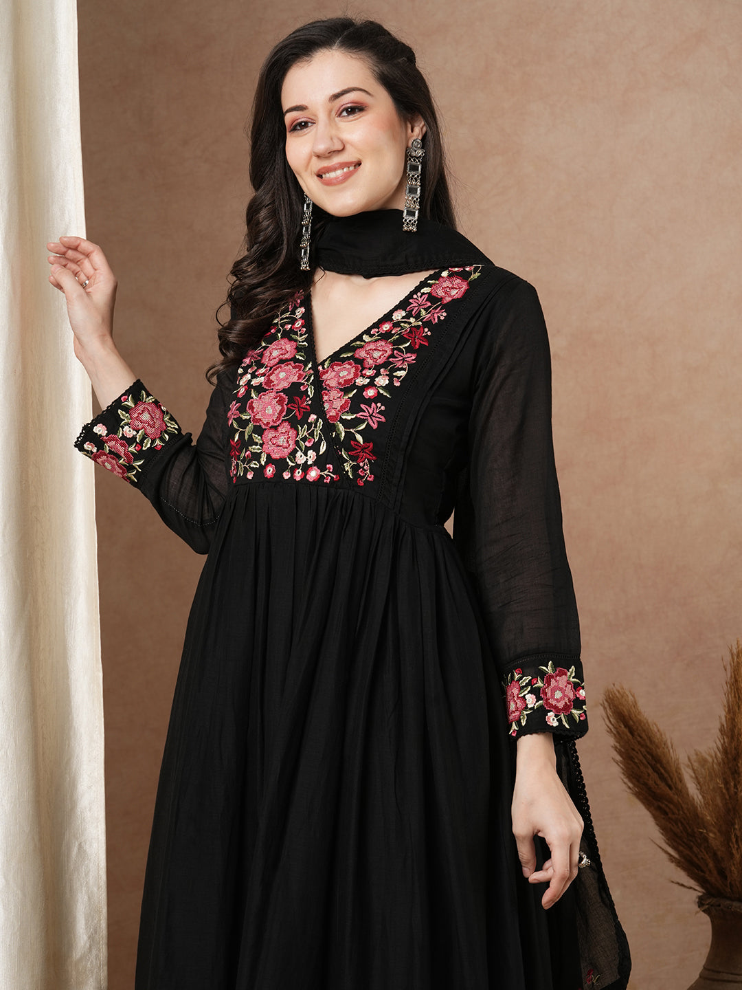 Solid Floral Embroidered A-Line Pleated Kurta with Pant & Dupatta - Black