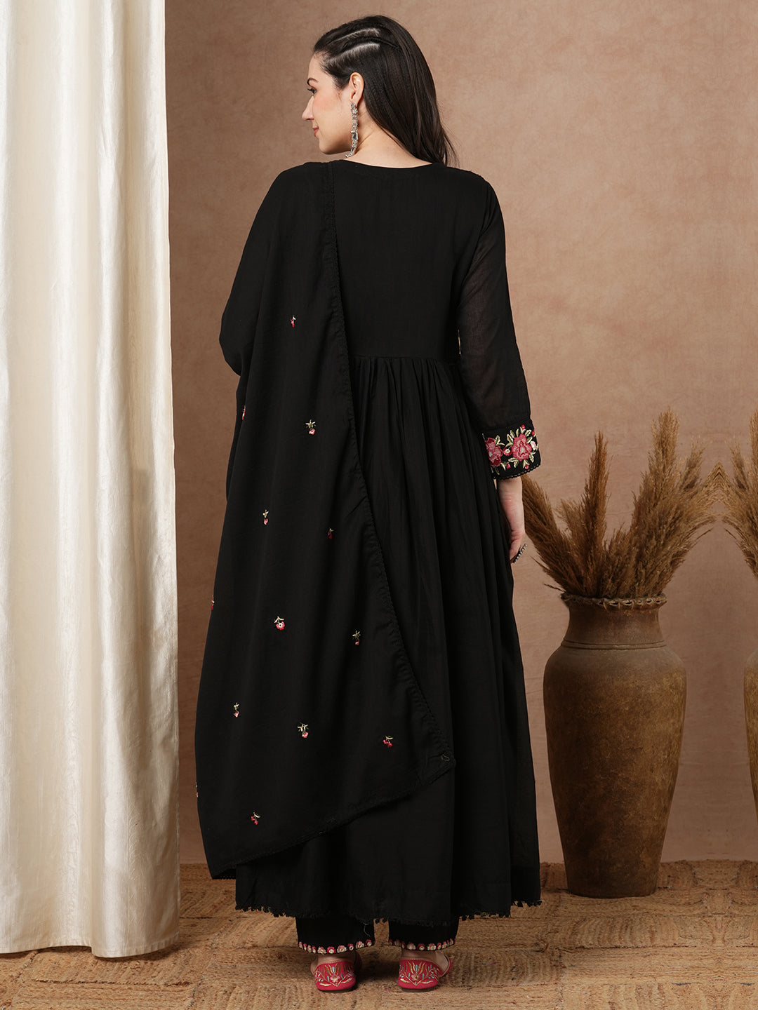 Solid Floral Embroidered A-Line Pleated Kurta with Pant & Dupatta - Black