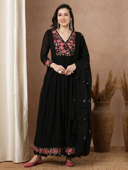 Solid Floral Embroidered A-Line Pleated Kurta with Pant & Dupatta - Black