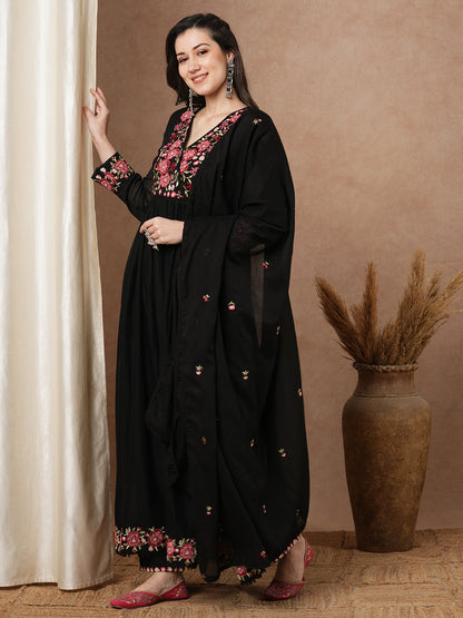 Solid Floral Embroidered A-Line Pleated Kurta with Pant & Dupatta - Black